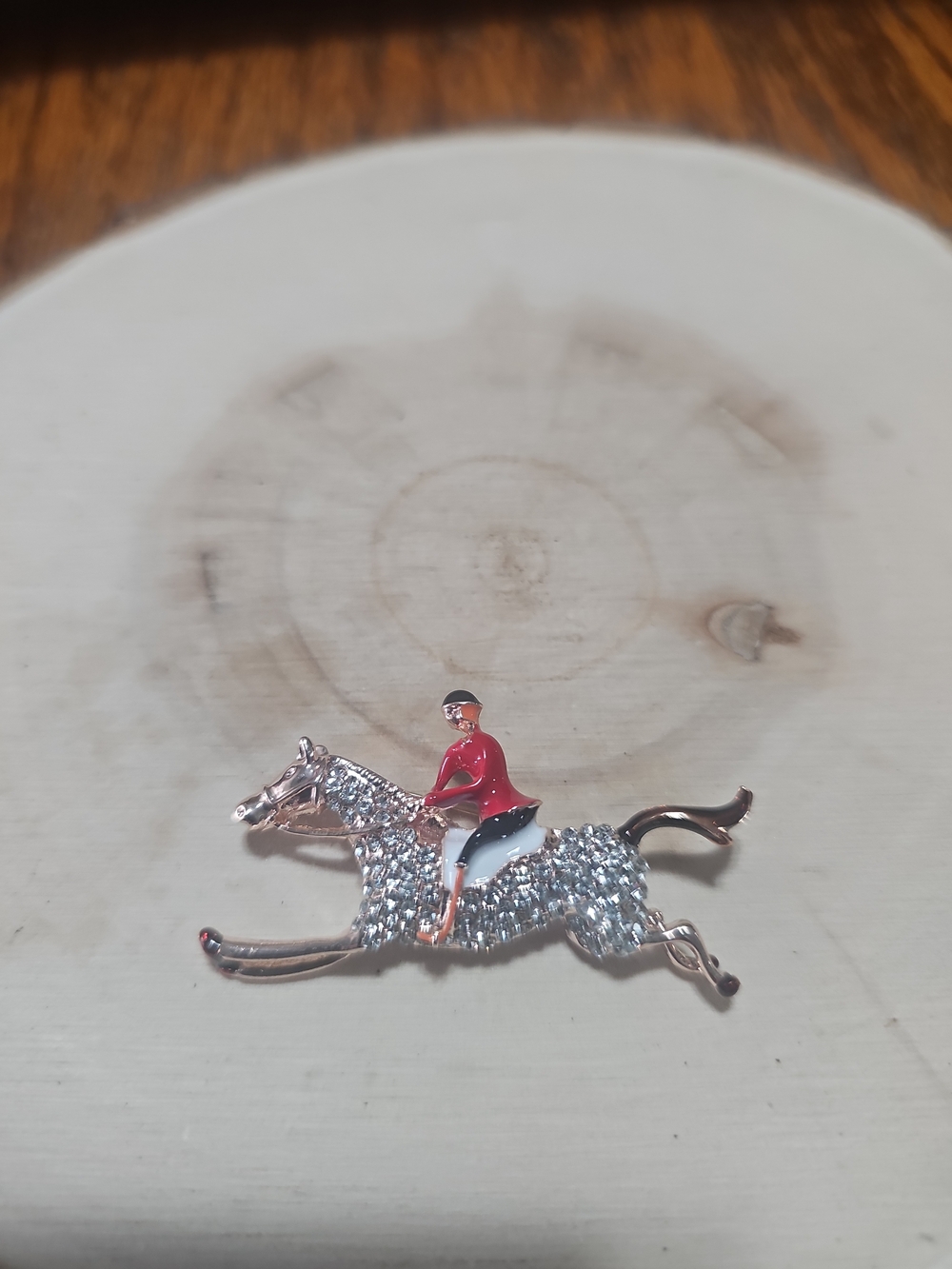 Rider on Galloping Horse Crystal Enamel Brooch - Red Rider